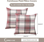 CARRIE HOME 24x24 Red Farmhouse Throw Pillow Cover Set of 2, Large Red Tartan Christmas Plaid Decorative Pillow Covers 24 x 24, Couch Pillows for Living Room Bedroom