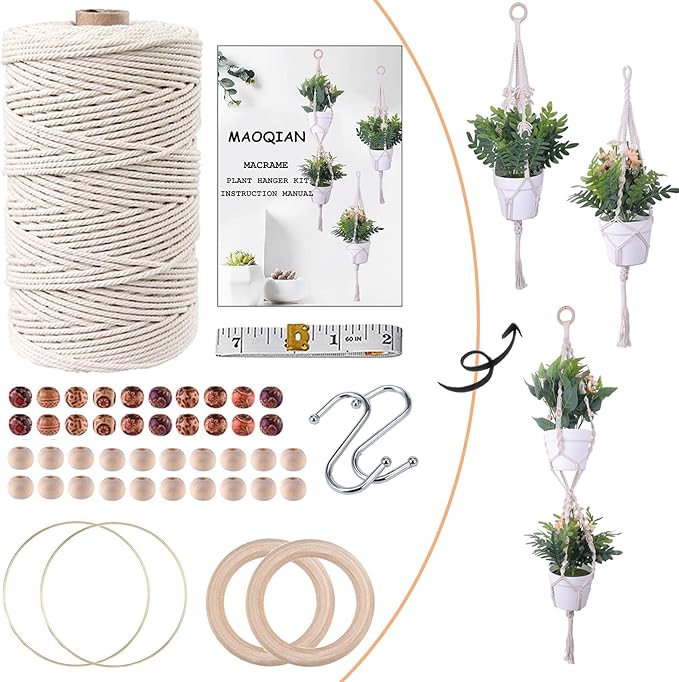 3 in 1 Macrame Kit for Beginners, 3mm x 220yards Cotton Macrame Cord, 3 DIY Macrame Plant Hanger Kits for Adults with Instructions Macrame Supplies Best for Macrame Plant Hanger Kit
