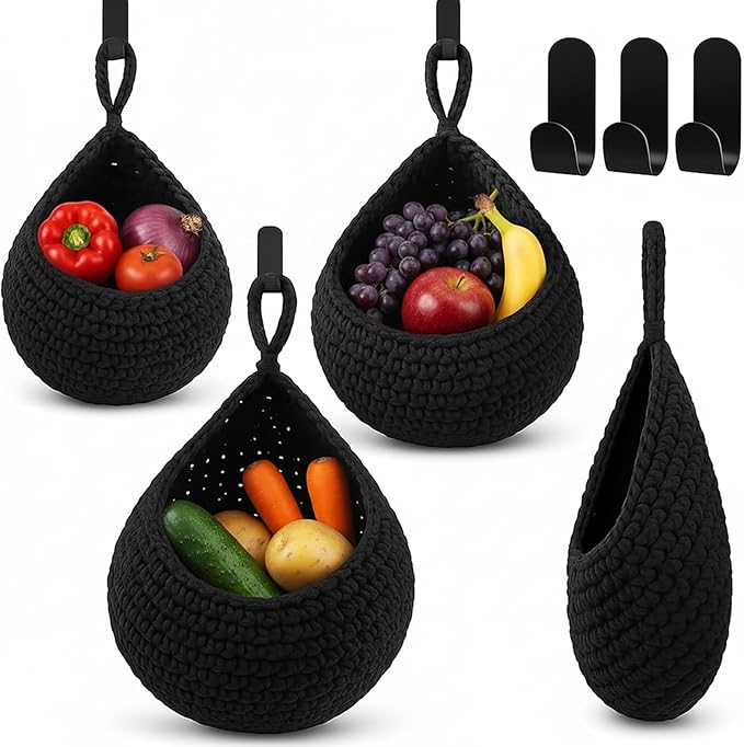 Honeydak Boho Decor Hanging Wall Baskets for Kitchen 3 Pack Teardrop Baskets with Hooks Storage Fruit Onion Vegetable Potato for Home 3 Sizes(Black,Teardrop,Cotton Rope)