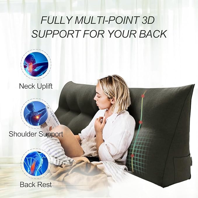 WOWMAX 80% Cotton & 20% Linen Blend Headboard Pillow – Queen Size Reading Wedge Backrest for Bed, Handmade Firm Support Bolster Cushion with Removable Cover, Premium Bed Rest Pillow, Deep Gray