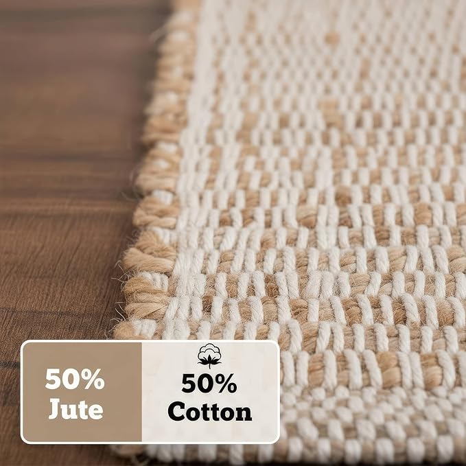 Neutral Jute Boho Rug 2x3 ft Braided Rug 2X3 - Earthy Farmhouse Cotton & Jute Carpet - Braided Rug for Kitchen - Reversible Woven Rug
