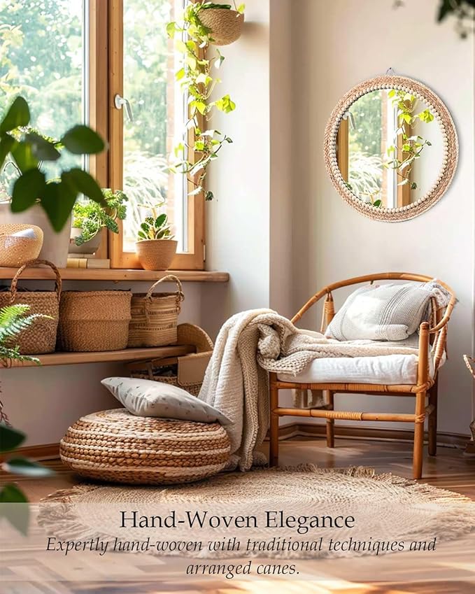 Boho Round Hanging Rattan Circle Nursery Mirror, Decorative Wall Decor for Farmhouse Bathroom Bedroom Living Room, Kids Girls Room, Foyer Home Wall Decor (20 inch)