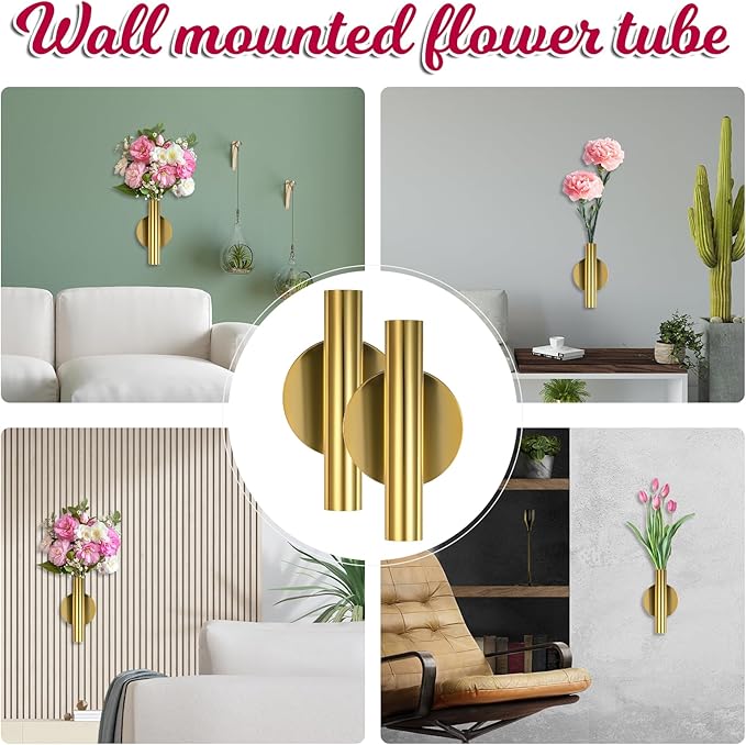 2 PCS Wall Vases for Flowers, Gold Flower Vase Metal Hanging Plant Holder Small Gold Vase Flowers Tube Wall Planter Hanging Vase for Modern Home Decor Display Dried Faux Flower Fake Flower