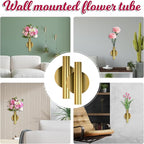2 PCS Wall Vases for Flowers, Gold Flower Vase Metal Hanging Plant Holder Small Gold Vase Flowers Tube Wall Planter Hanging Vase for Modern Home Decor Display Dried Faux Flower Fake Flower