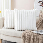 ZLINA Set of 2 Cream White Faux Fur Decorative Throw Pillow Covers Fluffy Striped Pillowcase Cushion Covers 26 x 26 Inch Decor Sofa Couch Bedroom