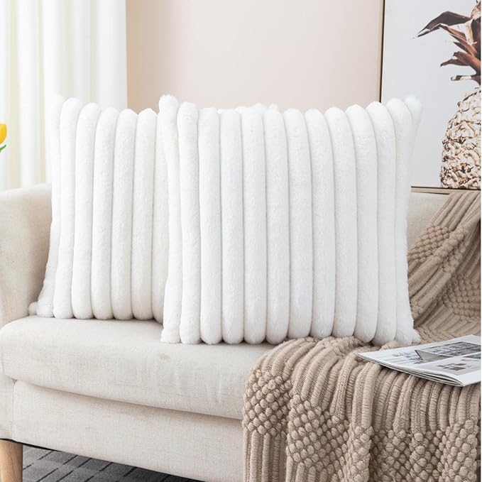 ZLINA Set of 2 Cream White Faux Fur Decorative Throw Pillow Covers Fluffy Striped Pillowcase Cushion Covers 26 x 26 Inch Decor Sofa Couch Bedroom