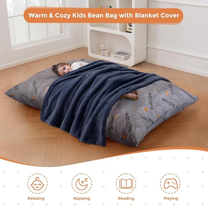 MAXYOYO 3 in 1 Kids Bean Bag Chair Bed, Child Floor Sofa for Gaming, Reading, Faux Fur Floor Mattress with High-Density Foam Filling for Living Room Bedroom