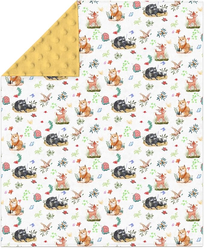Spring Animals Baby Blankets for Girl Boy Raccoon Fox Deer Bird Snails Floral Leaves Soft Mink Dotted Backing Double Layer Swaddle Blanket for Toddler Nursery Forest Animal Bed Blanket 30x40