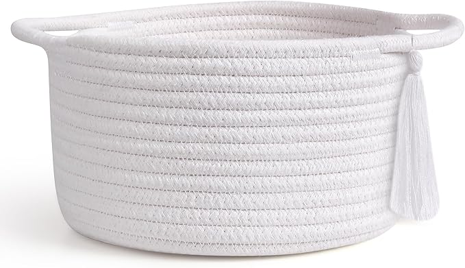 Gift Basket Empty Small - SweetMemo Cute Woven Rope Organizer Baskets for Baby Shower, Vanity, Makeup, Bathroom, Desk, Decor, Gifting - Small Decorative Storage Bins - Set of 2, Pre-Shaped, White