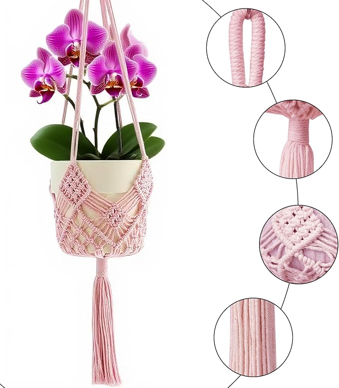2 Pack Macrame Hanging Planters with Patterns - Stylish Plant Hangers Crochet Boho Plant Holder Hanging Plant Basket for Up to 6 Inch Pots(Pink)