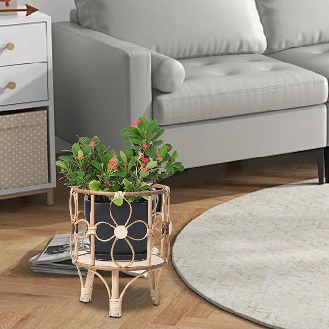 Plant Stand Hollow Stool - 31x26x25cm, Wood ABS Material, Rustic Brown, Pot Holder Shelf, Boho Display Rack | Creative Handwoven Rattan Style for Balcony Patio Living Room Indoor Garden Decor