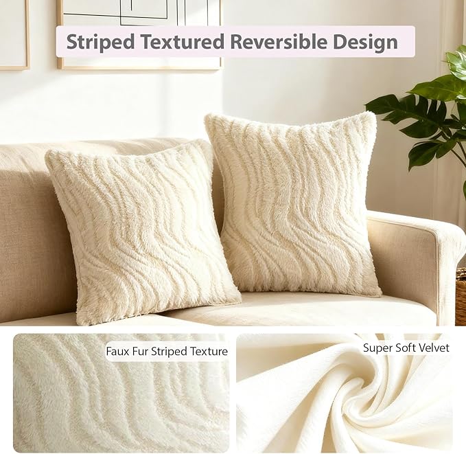 Cream Pillow Covers 18x18 Set of 2, Faux Fur Soft Textured Throw Pillow Covers Boho Fluffy Geometric Decorative Pillow Covers for Couch Bed Livingroom