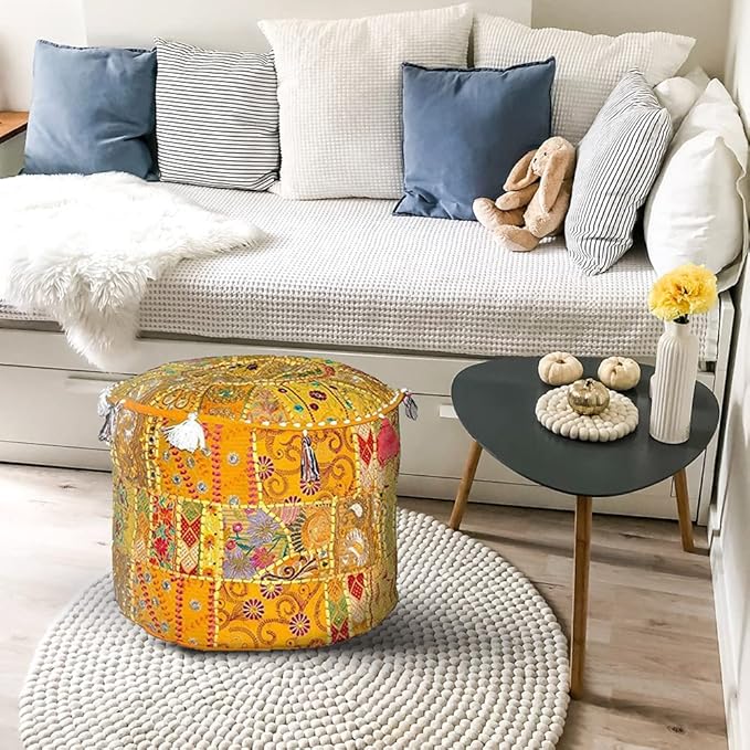 Aakriti Indian Footstool with Embroidery Pouf, Indian Cotton, Pouf, Ottoman Pouf Cover with Ethnic Decor Art – Cover (Yellow, 46 x 33 cm)