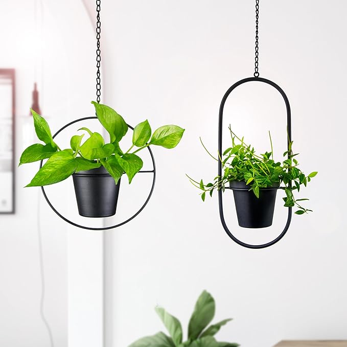 Modern Metal Hanging Planters Set of 2 - Round and Oval Geometric Plant Hangers with 5 Inch Pots - Black Wall and Ceiling Mount Flower Holders for Indoor and Covered Outdoor Décor