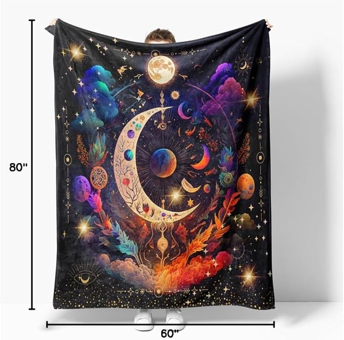 Hippie Throw Blanket Sun Moon Stars Boho Throw Blankets Celestial Blankets Double-Sided Polyesters Home Decor Bedding Chair Couch Recliner Cover Hippie Room Decor Black Purple 60"X80"