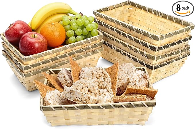 TOPZEA 8 Pack Rectangle Gift Baskets, 10" x 6.3" Natural Bamboo Handmade Woven Bread Roll Basket, Small Wicker Chip Serving Baskets Food Snack Fruit Storage Basket for Kitchen Restaurant Christmas