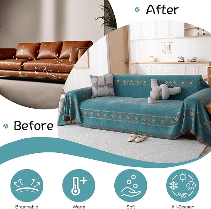 VClife Boho Couch Cover Green Geometric Jacquard Pattern Sofa Cover, 1 Piece Large Couch Covers for 3 Cushion Couch Sofa Washable Plush Chenille Sofa Protector for Living Room, 71x150 Inch