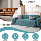 VClife Boho Couch Cover Green Geometric Jacquard Pattern Sofa Cover, 1 Piece Large Couch Covers for 2 Cushion Couch Sofa Washable Plush Chenille Sofa Protector for Living Room, 71x118 Inch