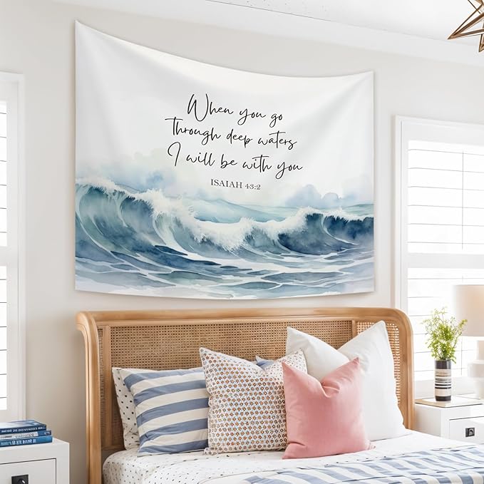 STHTTSW Christian Ocean Tapestry, When You Go Through Deep Waters Tapestries Wall Blanket, Religious Scripture Wall Hanging Decor for Church Prayer Room Home Office, 50x60 Inch