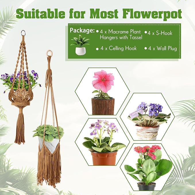 4 Packs Macrame Plant Hangers with Tassels Boho Crochet Hanging Plant Basketball for Indoor Outdoor Plant Hanger with 4 S Shaped Hooks for Home Decor Window Flower Pot(Brown)