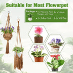 4 Packs Macrame Plant Hangers with Tassels Boho Crochet Hanging Plant Basketball for Indoor Outdoor Plant Hanger with 4 S Shaped Hooks for Home Decor Window Flower Pot(Brown)