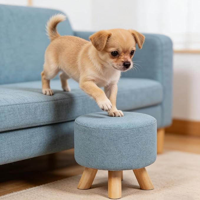 Asense Small Round Ottoman Foot Rest Stool Fabric Padded Seat Footstool Ottoman with Anti-Slip Wooden Legs (Light Blue,Fabric)