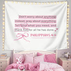 LIANGW Cute Pink Christian Tapestry Aesthetic for Bedroom, Dorm Decor for College Girls,Coquette Preppy Room Decor for Teen Girls & Women, Bible Verses Tapestries Wall Hanging 50x60 inche