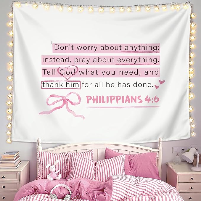 LIANGW Cute Pink Christian Tapestry Aesthetic for Bedroom, Dorm Decor for College Girls,Coquette Preppy Room Decor for Teen Girls & Women, Bible Verses Tapestries Wall Hanging 50x60 inche