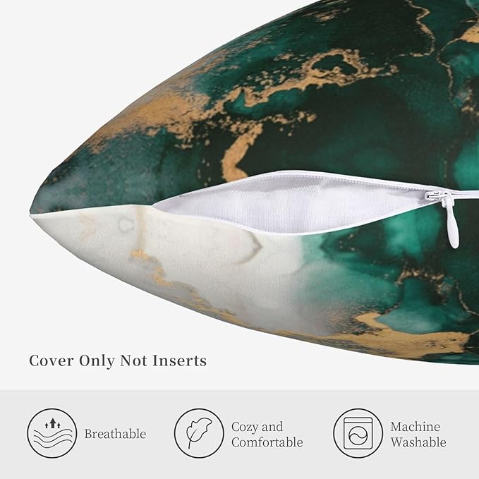Emerald Green Gold Marble Pillow Covers 18x18 Set of 2, Green and Gold Modern Abstract Throw Pillow Covers Outdoor Decorative Pillow Case for Couch Bed Sofa Cushion Home Decor
