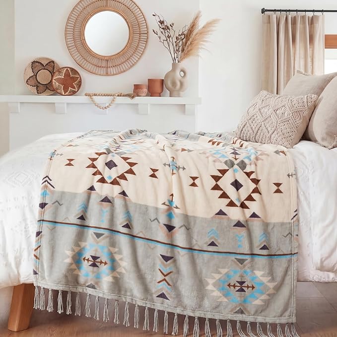 CASAAGUSTO Boho Throw Blanket - Green and Beige Decorative Blankets with Tassel, Printed Flannel Bohemian Blanket for Chair, Bed, Sofa, Couch(50 * 60, Green and Beige)