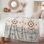CASAAGUSTO Boho Throw Blanket - Green and Beige Decorative Blankets with Tassel, Printed Flannel Bohemian Blanket for Chair, Bed, Sofa, Couch(60 * 80, Green and Beige)
