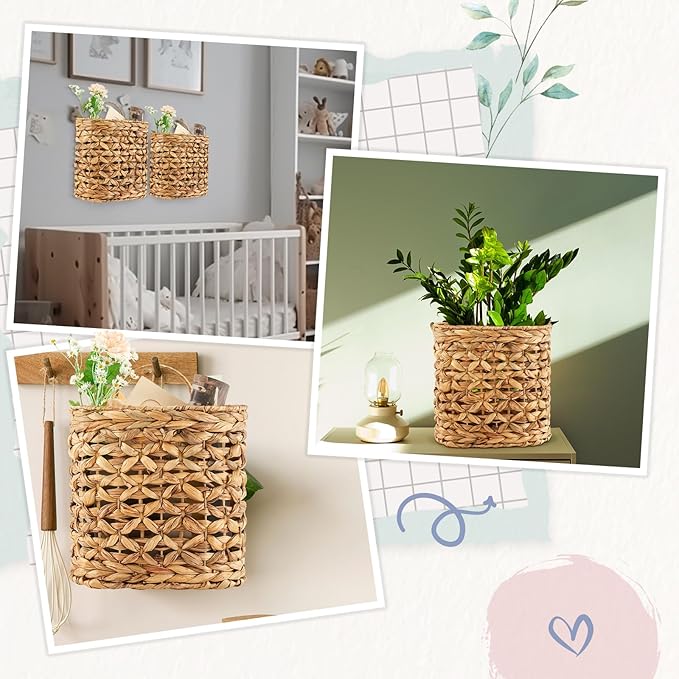 Chunful 2 Pcs Water Hyacinth Hanging Wicker Basket, Natural Wicker Decorative Baskets, Handmade Woven Storage Organizer for House Garden Wedding Wall Decorations, Large & Small Size(Hollow-out)