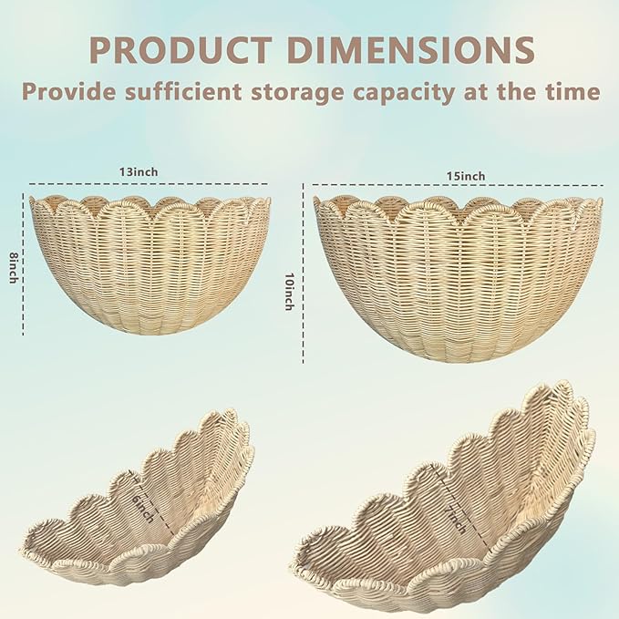 Scalloped Wall Basket, 2pcs Hand Woven Hanging Wicker Wall Baskets Set, Scalloped Rattan Wall Storage & Decor for Home, Bathroom, Kitchen, Living Room (16 x 12 x 7 & 14 x 8 x 6 Inch)