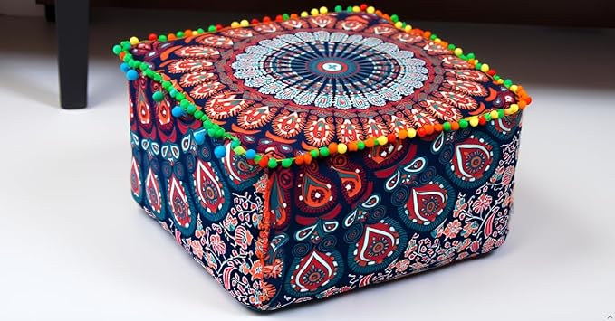 CRAFT KALA Indian Square Patchwork Traditional Pouf Cover Indian Living Room Poufs Cover Decorative Designer Ottoman Home Living Footstool Pom Ottoman Cover Decor 20X20X14 inches, Multi-Color Mirchi