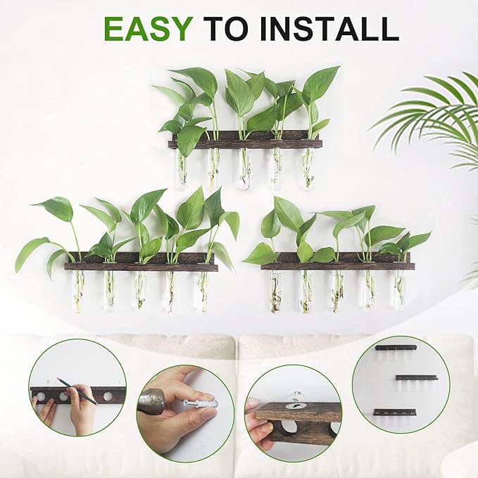 Plant Propagation Station Tubes, 3 Tiered 15 Wall Hanging Glass Test Tubes Vase Planter for Hydroponic Home Garden Office Decor, Gardening Gifts for Women Plant Lover - Brown