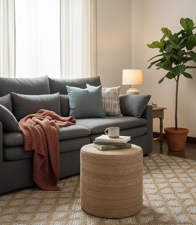 S & L Homes Pouf Ottoman - 100% Jute Braided Footrest Pouf Hand Knitted Traditional Cord Boho Pouffe for Living Room, Bedroom, Nursery, Patio, Lounge Colorblock - Natural Brown (16”x16”x16”)