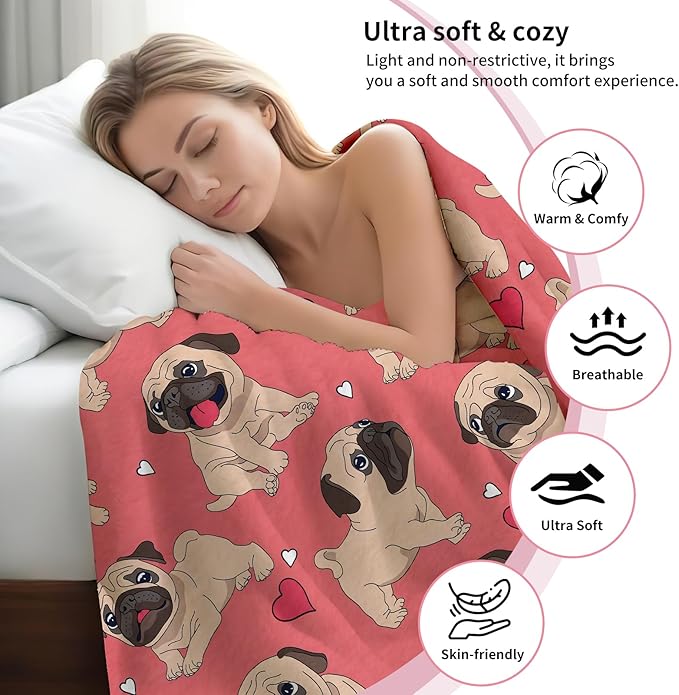 Throw Blanket for Couch, 300GSM Warm Soft Cozy Flannel Blanket, Cute Blanket for All Seasons Bedroom Home Decor Gifts, Pink Funny Dogs 50x60 Inches