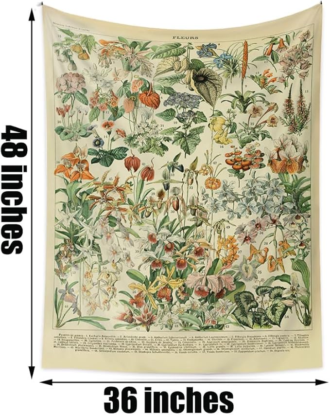 Vintage Flowers Tapestry 48”x36”, Long Vertical Wall Hanging Reference Illustrative Botanical Tapestries for Bedroom Aesthetic Floral Tapistry Botanical Plants Tapestry Wall Hanging Cute Bedroom Decor