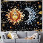 Racunbula Sun and Moon Tapestry Boho Black Golden Tapestries Aesthetic Vintage Moon Stars Cloud Wall Tapestry Spiritual Tapestries Wall Hanging for Bedroom