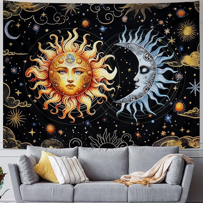 Racunbula Sun and Moon Tapestry Boho Black Golden Tapestries Aesthetic Vintage Moon Stars Cloud Wall Tapestry Spiritual Tapestries Wall Hanging for Bedroom