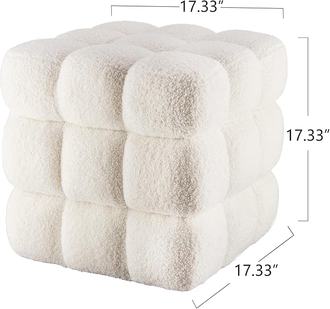 White Square Ottoman 17''3 Cube Pouf Installed,no Vacuum,Sturdy Wooden Frame,Capacity 330 lbs,Modern Sofa Stool Fuzzy Sherpa Footstool,Foot Rest,Cube Boucle,Vanity Stool,for Couch Living Room