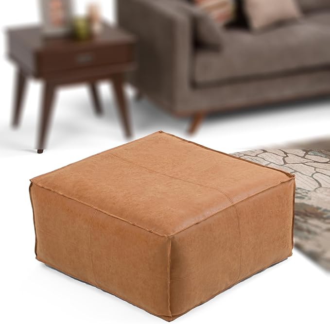 SIMPLIHOME Brody Large Square Coffee Table Pouf - 30 inch Wide Upholstered Vegan Leather Ottoman in Distressed Brown, Boho Footstool, Coffee Table or Extra Seating for Living Room, Assembled