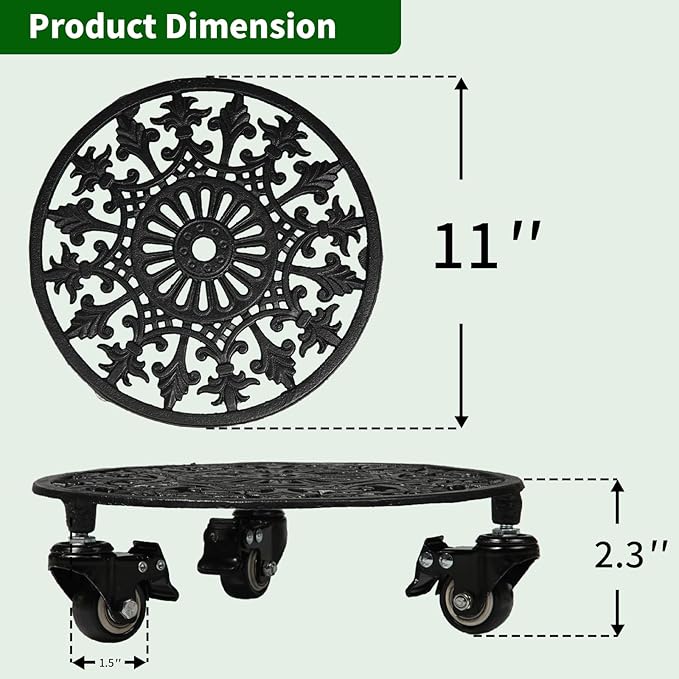Rolling Plant Stand with Wheels, 2 Pack Heavy Duty Metal Plant Caddy 11 Inch Wrought Iron Plant Dolly Outdoor Round Plant Rollers Stand for Large Potted Plants and Flower Pot, Black