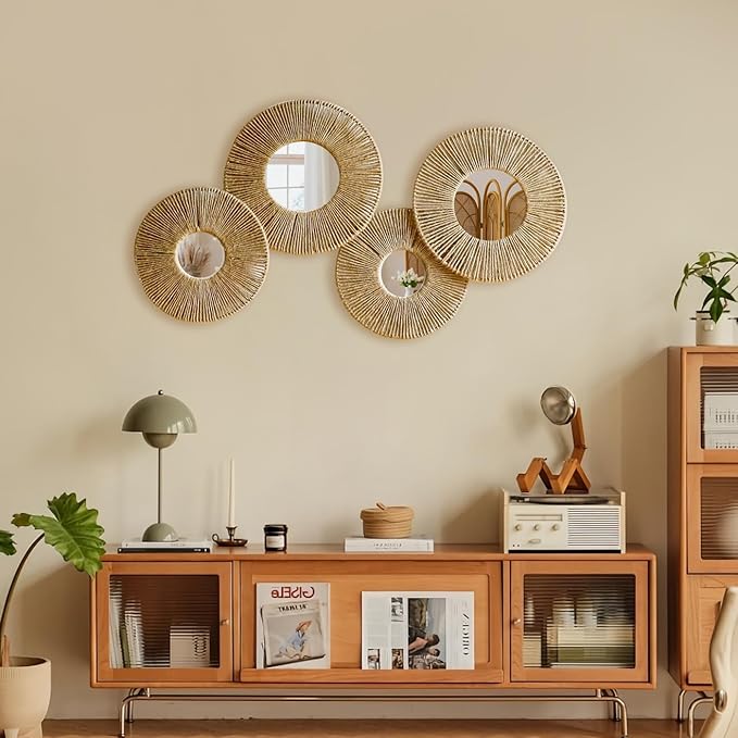 Artilady 4 Pack Hanging Baskets Wall Art - Decorative Woven Wicker Basket Boho Wall Hanging, Rustic Round Mirrors Natural Jute Home Decor Set for Bedroom Living Room Nursery