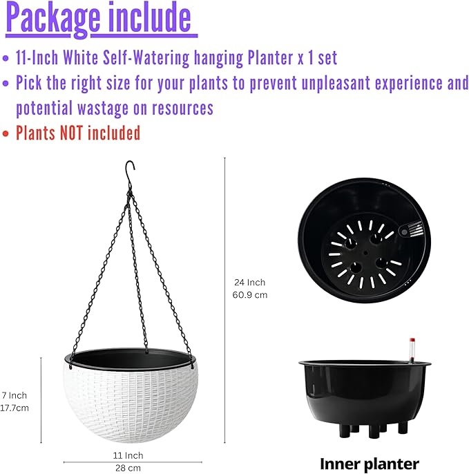 LaLaGreen Indoor Hanging Planter (11 Inch, 1 Pack) Self-Watering Round Flower Pot with Water Level Indicator, White Rattan Style Hanging Basket with Metal Chain for Balcony, Porch, Deck, Garden Decor