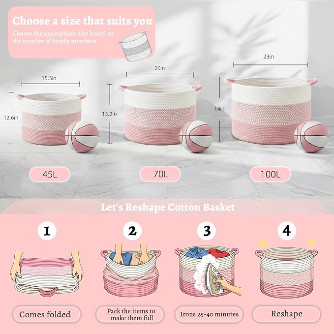 40L Large Cotton Rope Basket, Decorative Woven Blanket Storage for Living Room, Boho Toy Storage & Toy Box for Kids, Versatile Laundry Basket & Nursery Hamper for Blankets(Pink)