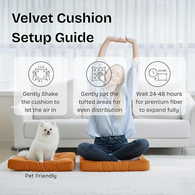 Floor Pillow for Sitting, Large Velvet Floor Seating Cushion for Adults, Tufted Big Pillow for Meditation, Yoga & Living Room, Machine Washable, 22x22 Inch, Orange