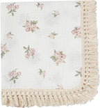 insular Cotton Muslin Baby Blanket with Tassel, Boho Bohemian Muslin Swaddle Blanket Baby Receiving Blanket with Fringe, Nursery Decor Throw or Nursing Blankets, 47" x40”, Pink Rose