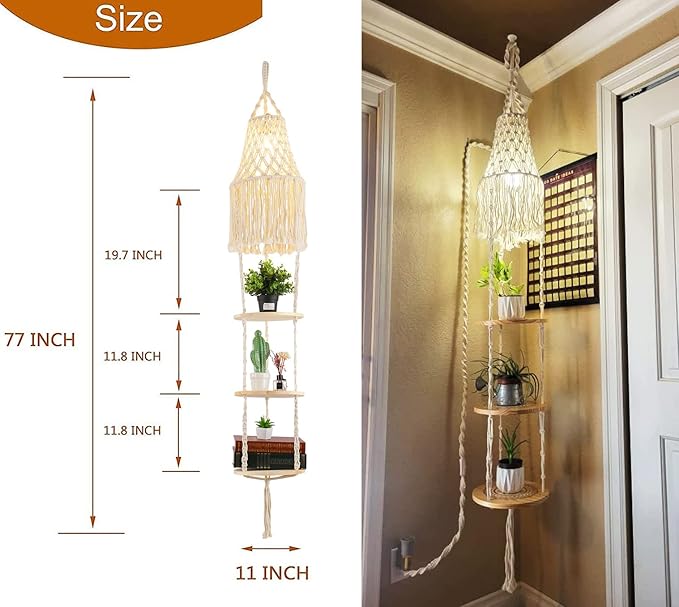 Boho Plug in Pendant Light Hanging Light with Plug in Cord,Dimmable Switch Hanging Lamp Macrame Lamp Shade and Plant Holder Shelf Indoor for Bohemian Decor Bedroom Corner Living Room
