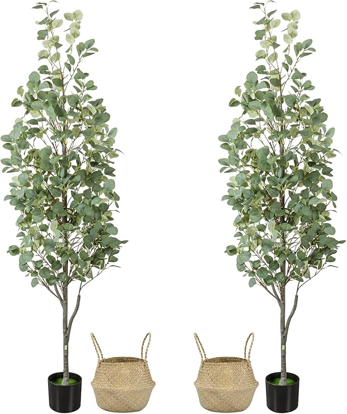 6FT Artificial Eucalyptus Tree with Wicker Basket & Black Pot, Indoor Green Faux Eucalyptus Trees, Fake Eucalyptus Plants with Lifelike Leaves & Natural Trunk for Home Office Bedroom, 1 Pack
